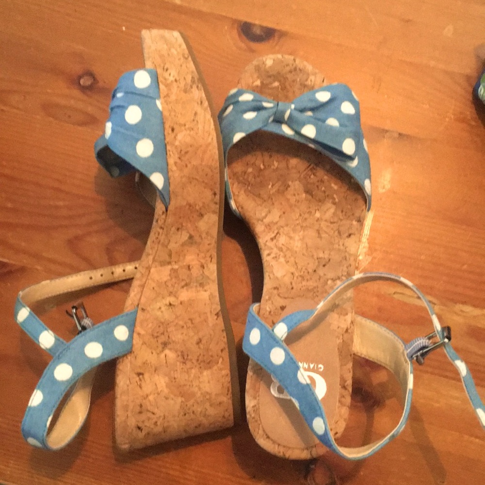 Cute chambray polk a dot Cork bottom strappy sandals